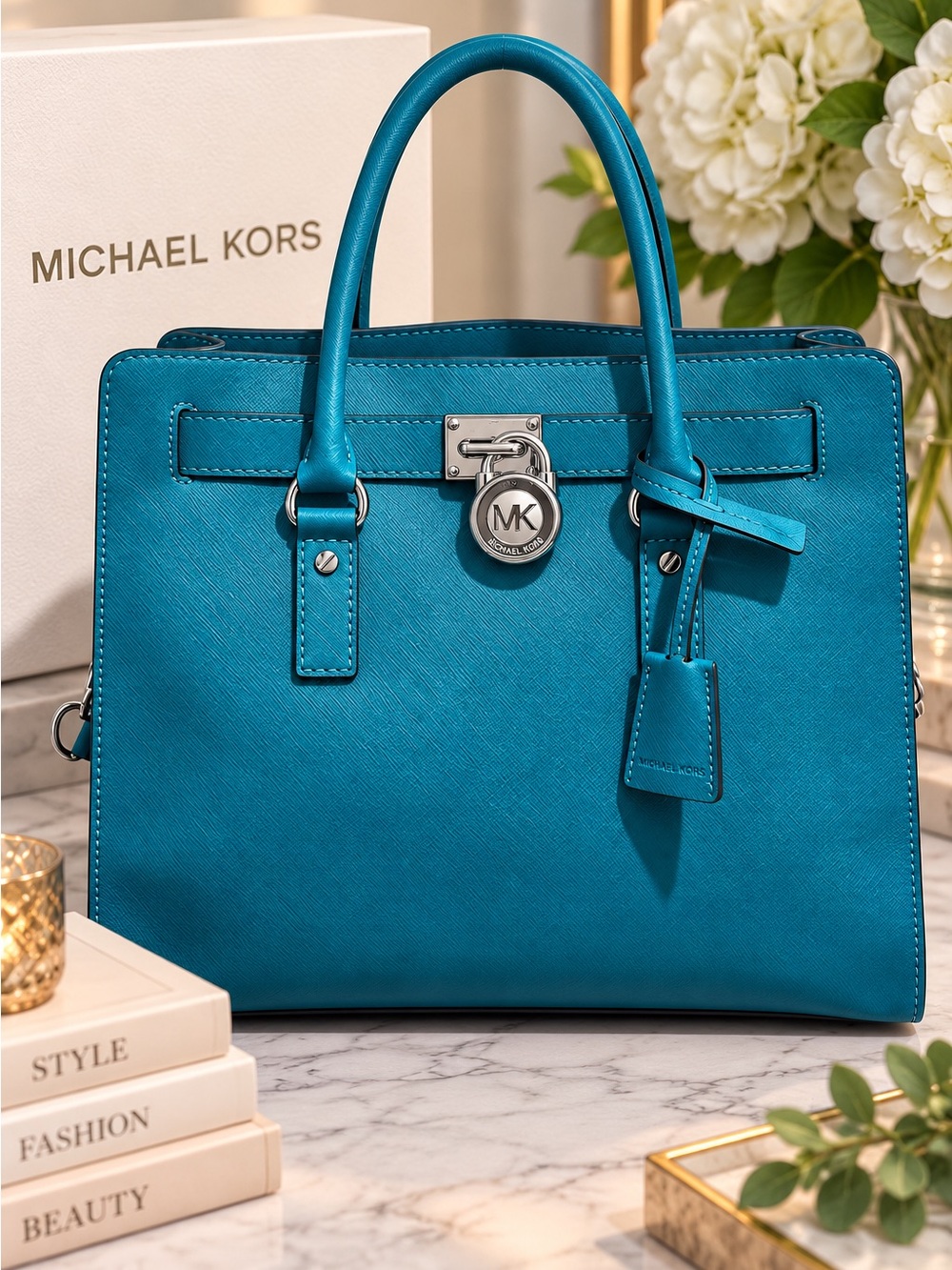 Michael Kors Hamilton Large Teal Saffiano Leather Satchel